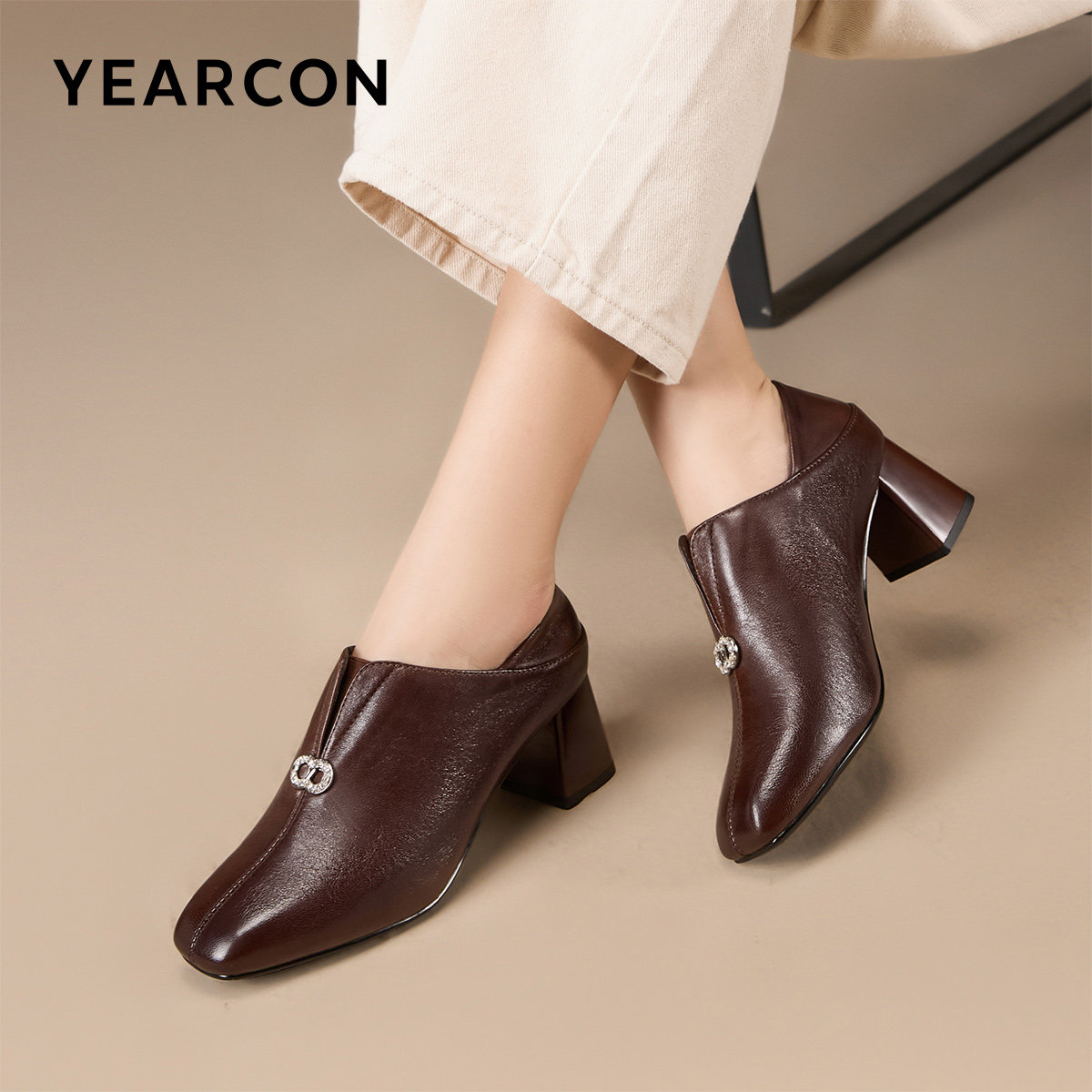 意尔康女鞋2025秋季粗跟方头皮鞋高跟深口单鞋羊皮通勤气质配裙子,淘宝优惠券,粉丝福利购,淘宝优惠卷