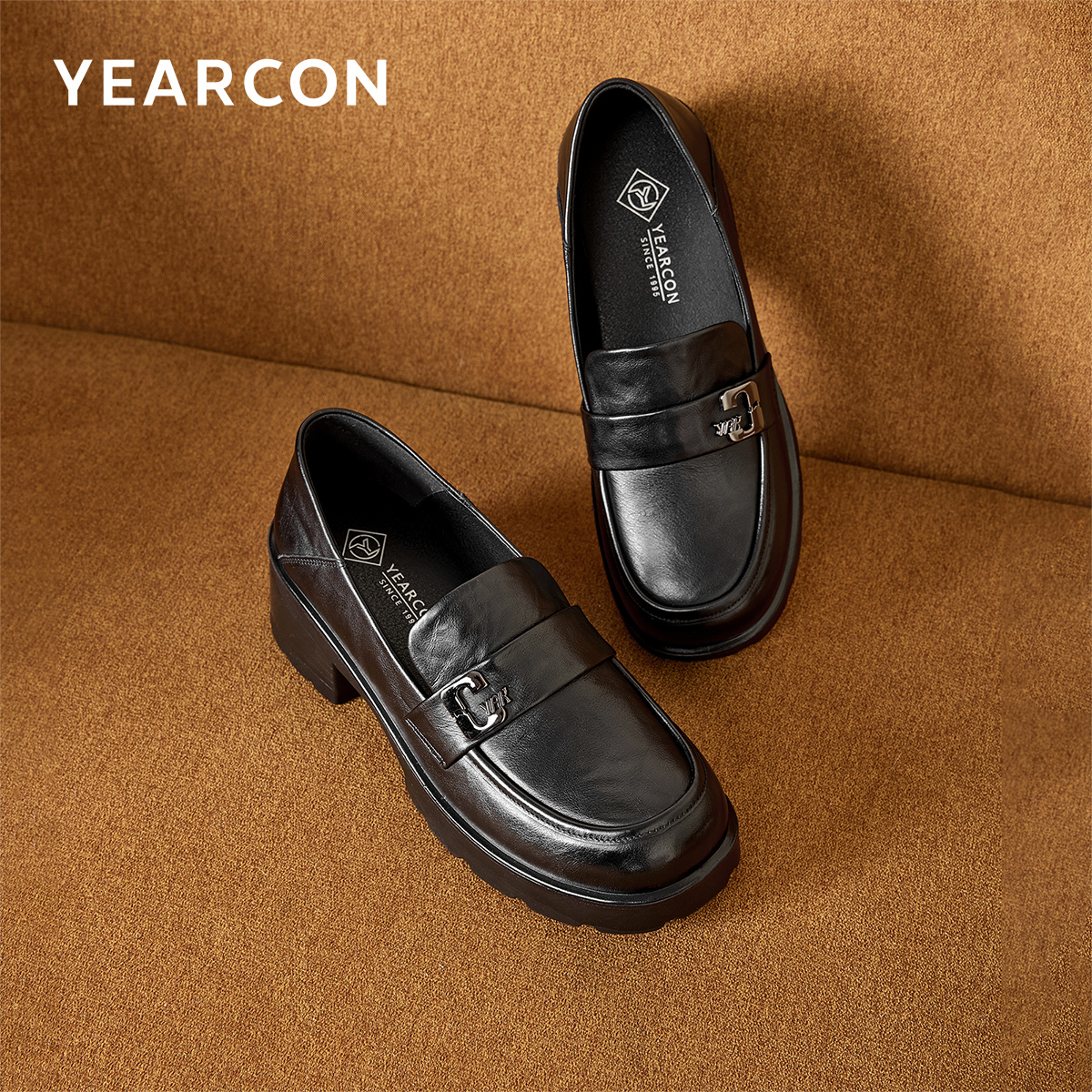 意尔康女鞋2025秋季乐福鞋面试粗跟通勤百搭小皮鞋单鞋软面真皮 - 图1