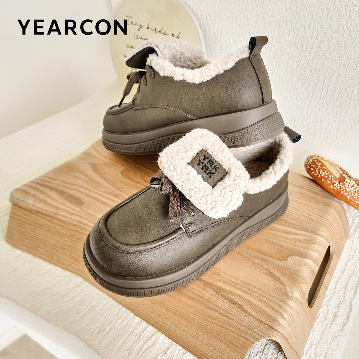意尔康女鞋2025冬季加绒保暖全包勃肯鞋休闲毛毛鞋平底雪地靴棉鞋 - 图1