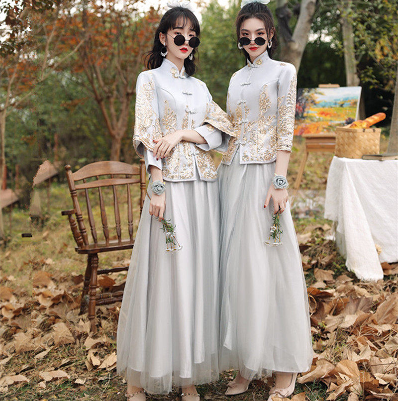 出租赁伴娘服中式中国风大气红闺蜜姐妹团大码礼服旗袍长袖裙显瘦