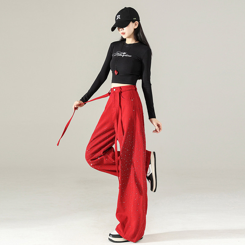 妈个鸡妈MGJM复古新年红满天星烫钻牛仔裤宽松阔腿弯刀裤拖地男女,淘宝优惠券,粉丝福利购,淘宝优惠卷