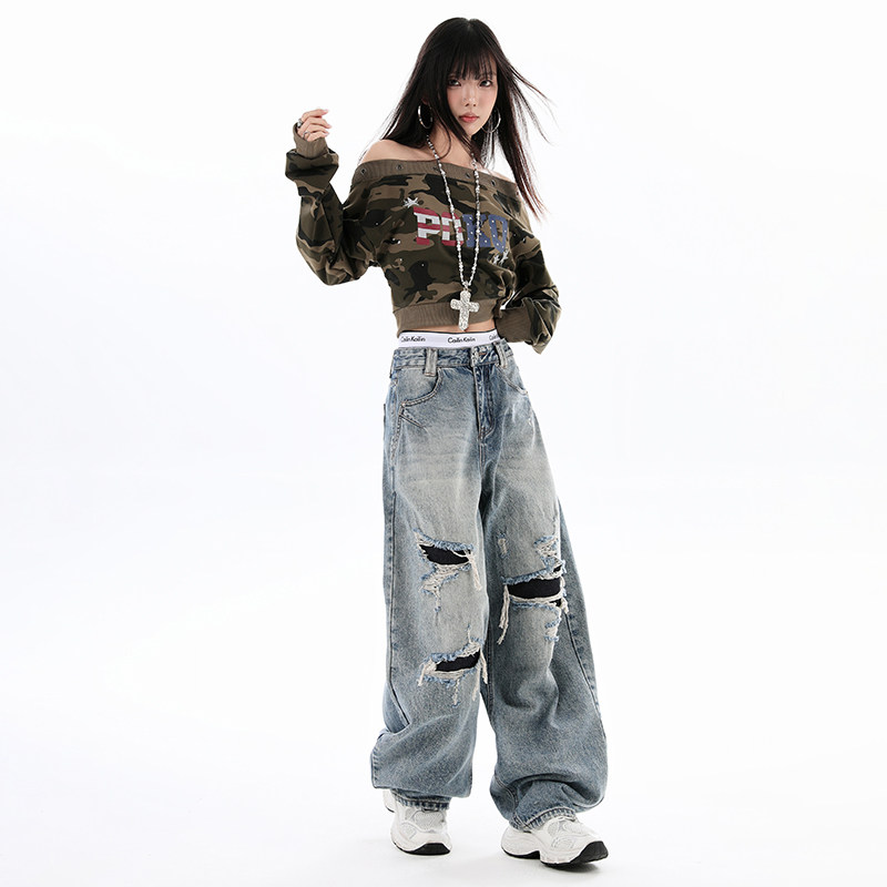 妈个鸡妈MGJM美式复古破洞补丁水洗牛仔裤男女直筒显瘦宽松裤子潮,淘宝优惠券,粉丝福利购,淘宝优惠卷