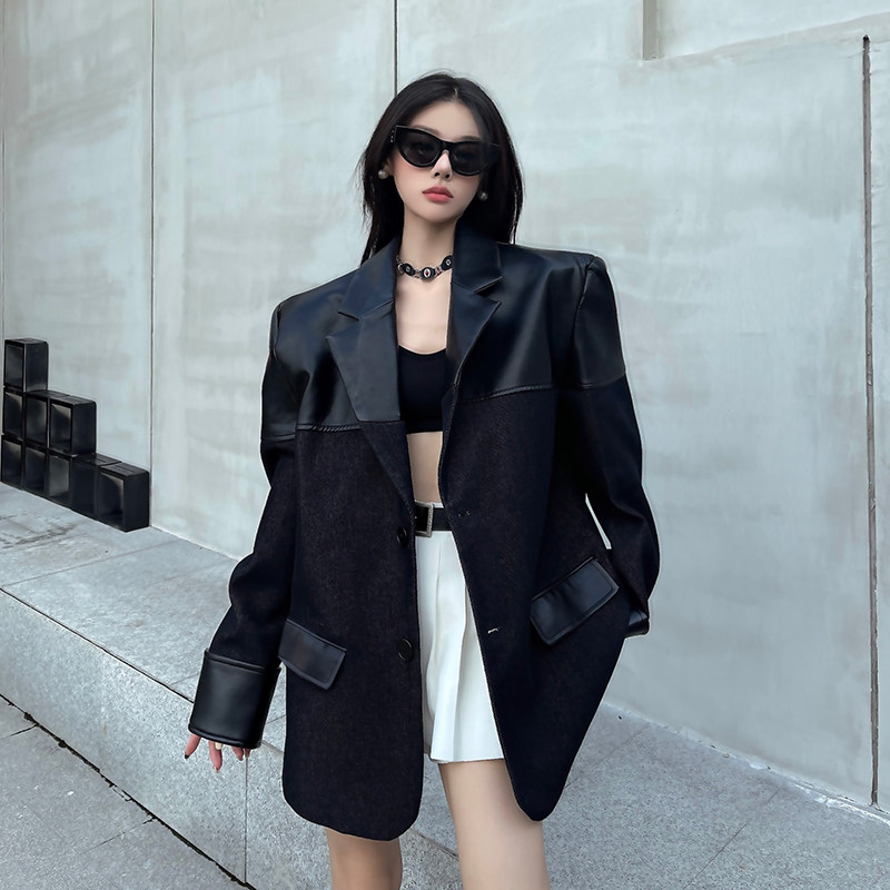 妈个鸡妈MGJM痞帅街头秋季PU皮拼接长袖西装外套宽松休闲西服男女,淘宝优惠券,粉丝福利购,淘宝优惠卷