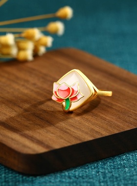 艾尔缘国潮仿和田玉复古戒指女气质轻奢指环镀金珐琅工艺厚磨砂金