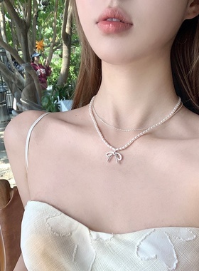 白茶月光 蝴蝶结小米珍珠双层项链轻奢小众颈链配饰女蝴蝶结项链