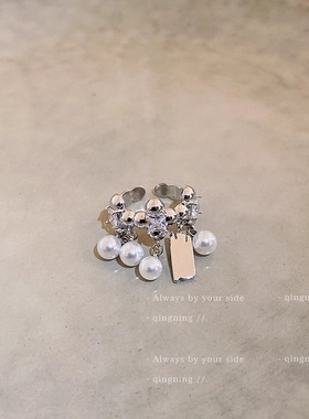 开口珍珠流苏戒指2025新款小众设计感轻奢夸张食指指环女个性