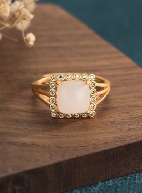 中国风宫廷风设计方形白玉玛瑙古法金戒指古装汉服搭配饰品