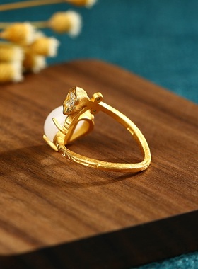 淘宝下游热卖中国风旗袍汉服宫廷饰品古法金仿和田玉莲蓬开口戒指