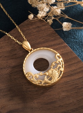 艾尔缘国风设计古法镀金吊坠女年年有鱼平安扣宫廷复古项链