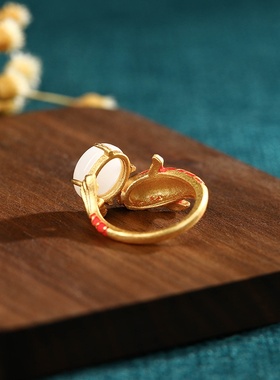 艾尔缘国潮古法镀金珐琅镶仿和田玉锦鲤戒指女复古中国风旗袍饰品