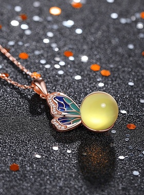 2021秋冬季国潮新品配饰镀18K玫瑰金珐琅彩镶嵌二代蓝珀琥珀项链