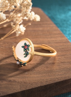 国潮冷珐琅工艺古法金仿和田玉戒指女中国古风宫廷汉服旗袍配饰