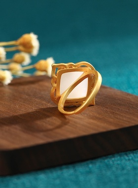 艾尔缘国潮珐琅工艺仿和田玉竹报平安戒指女复古装中国风宫廷配饰