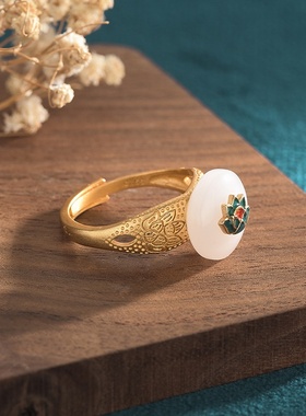 中国风复古指环旗袍宫廷汉服手饰品珐琅工艺和田玉复古莲花戒指女