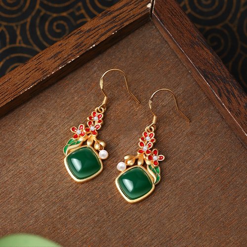 古风新中式花卉花开富贵珍珠耳环汉服配饰耳坠仿和田玉气质耳钩女 - 图0