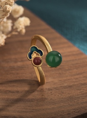 网红带货直播货源古法金民族风珐琅彩烧蓝景泰蓝女款开口玉髓戒指