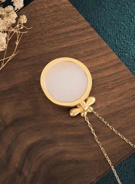 中国风设计古风宫廷项饰铜镀24K金仿白玉田玉珐琅景泰蓝花枝项链