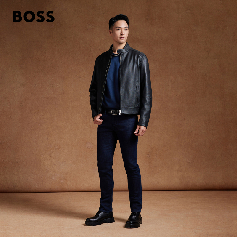 【机车风羊皮】BOSS男士立领双拉链复古风皮夹克
