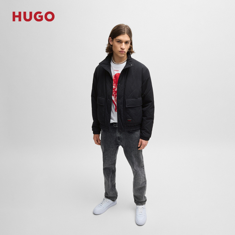 HUGO BOSS男士徽标标签装饰内里填充飞行员夹克外套