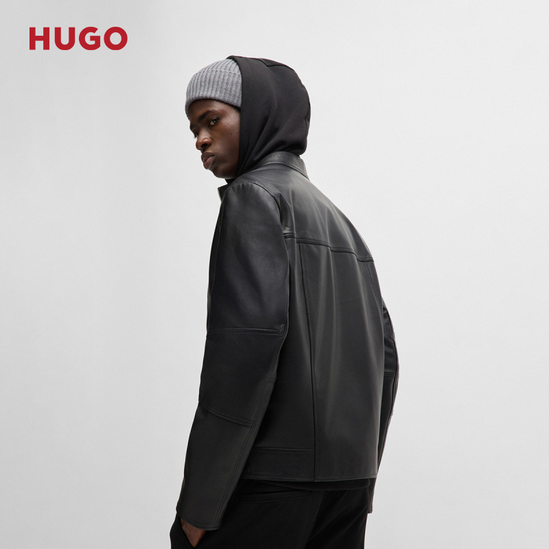 【机车风羊皮】HUGO BOSS男秋季皮革立领修身复古风皮夹克