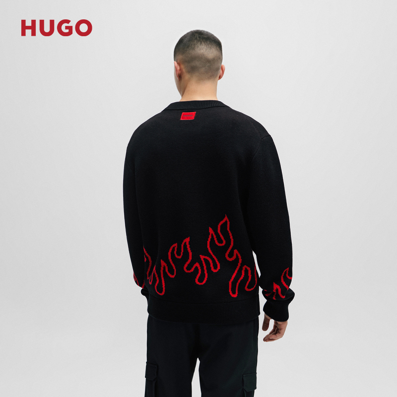 HUGO BOSS男士火焰提花装饰羊毛混纺宽松毛衣