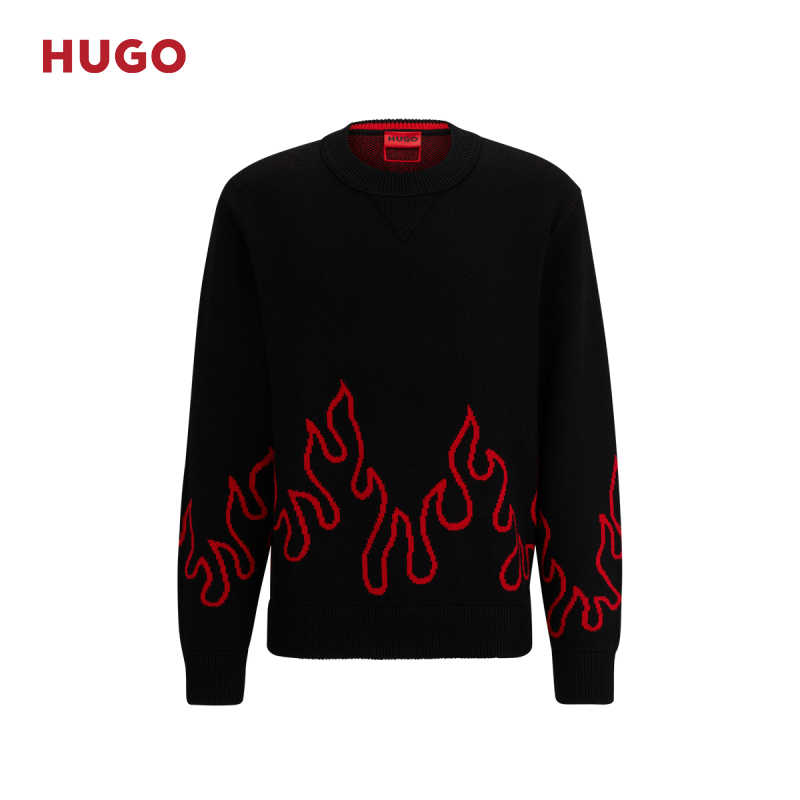 HUGO BOSS男士火焰提花装饰羊毛混纺宽松毛衣