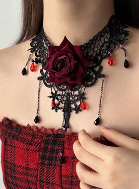 暗黑洛丽塔蕾丝玫瑰流苏锁骨链