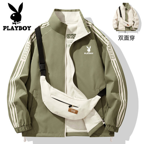 playboy花花公子夹克男春秋季新款双面穿立领外套青少年潮流上衣 - 图1