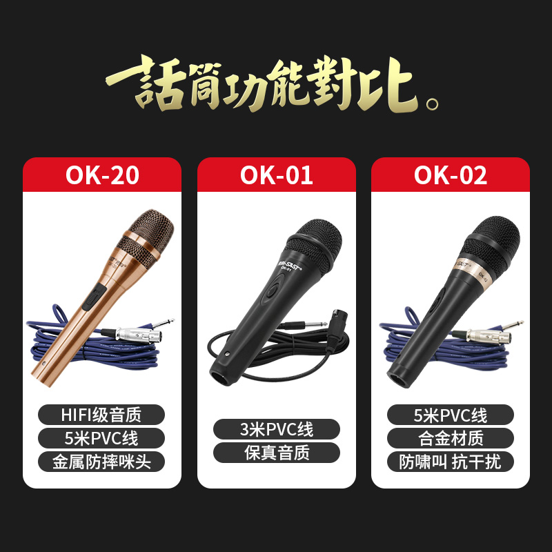 先科OK-20有线话筒舞台音响家用卡拉ok电视家庭音箱会议金属动圈儿童手持 麦克风唱歌的ktv演出专业K歌防啸叫 - 图1