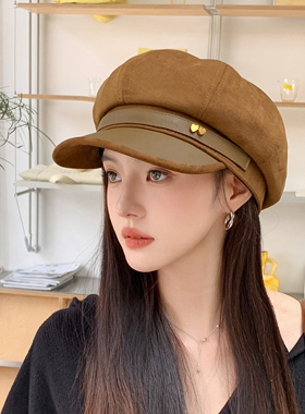 英伦复古秋冬皮质八角贝雷帽女