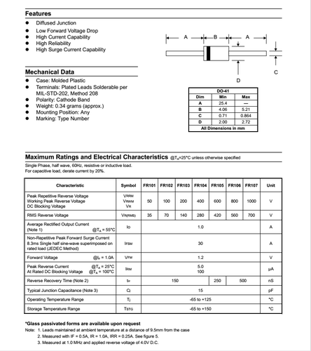 快恢复整流二极管 FR104 1A/400V 直流二肖特基二极管(50个) - 图1