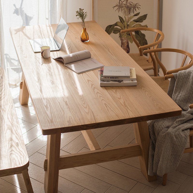 白蜡木餐桌椅组合北欧客厅全实木饭桌设计师办公桌工作台原木长桌