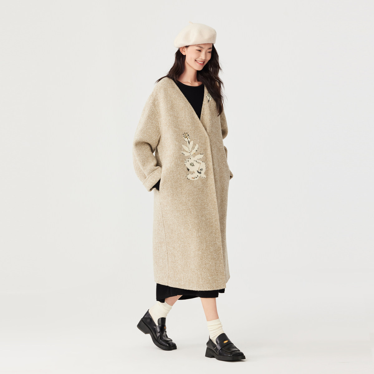 飞鸟和新酒商场同款女装新款宽松中长款毛呢大衣女FZ470051010