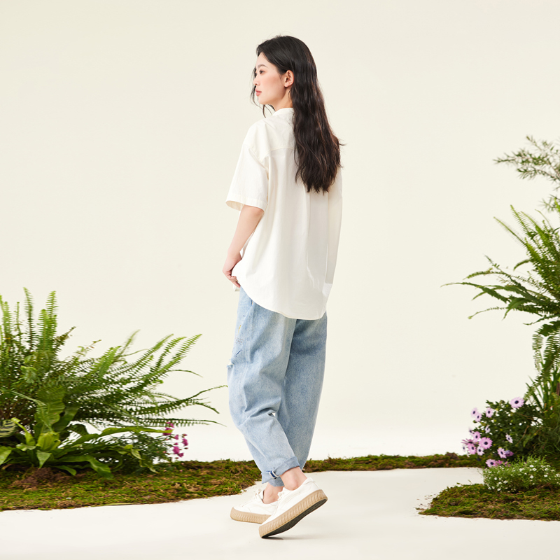 飞鸟和新酒绣花立领衬衫女白色2023夏季新款