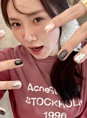 甜酷辣妹黑色晶石猫眼爆闪亮片纯手工穿戴甲高级显白短款美甲可卸