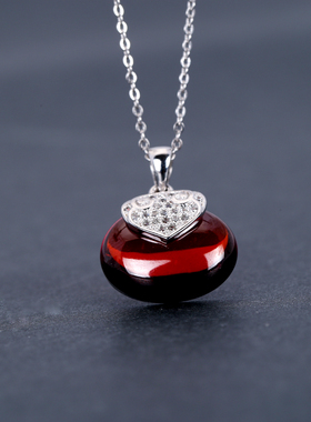 s925纯银钱袋项链复古石榴石红色