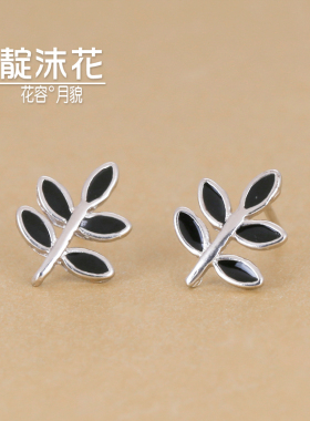 纯银黑色甜美风叶子耳饰品