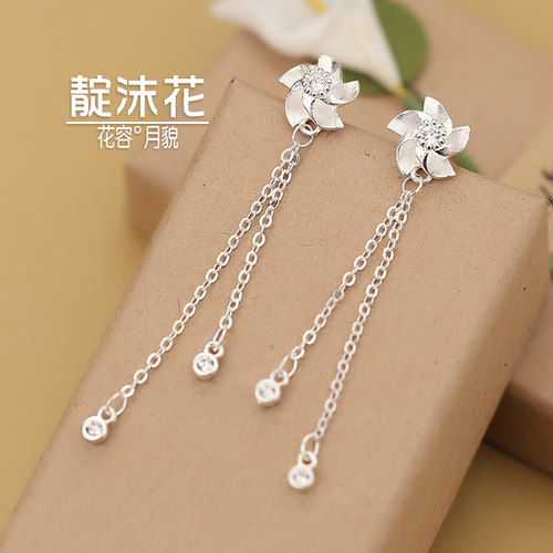 S925纯银风车耳坠长款锆石吊坠耳钉文艺耳环精致花朵耳链耳饰品女 - 图2