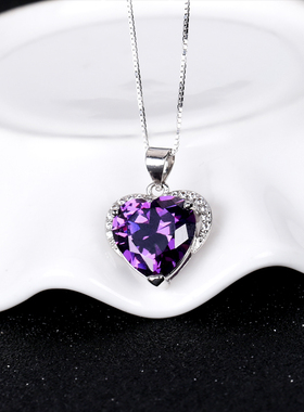 紫色水晶闪亮时尚风颈链心形吊坠