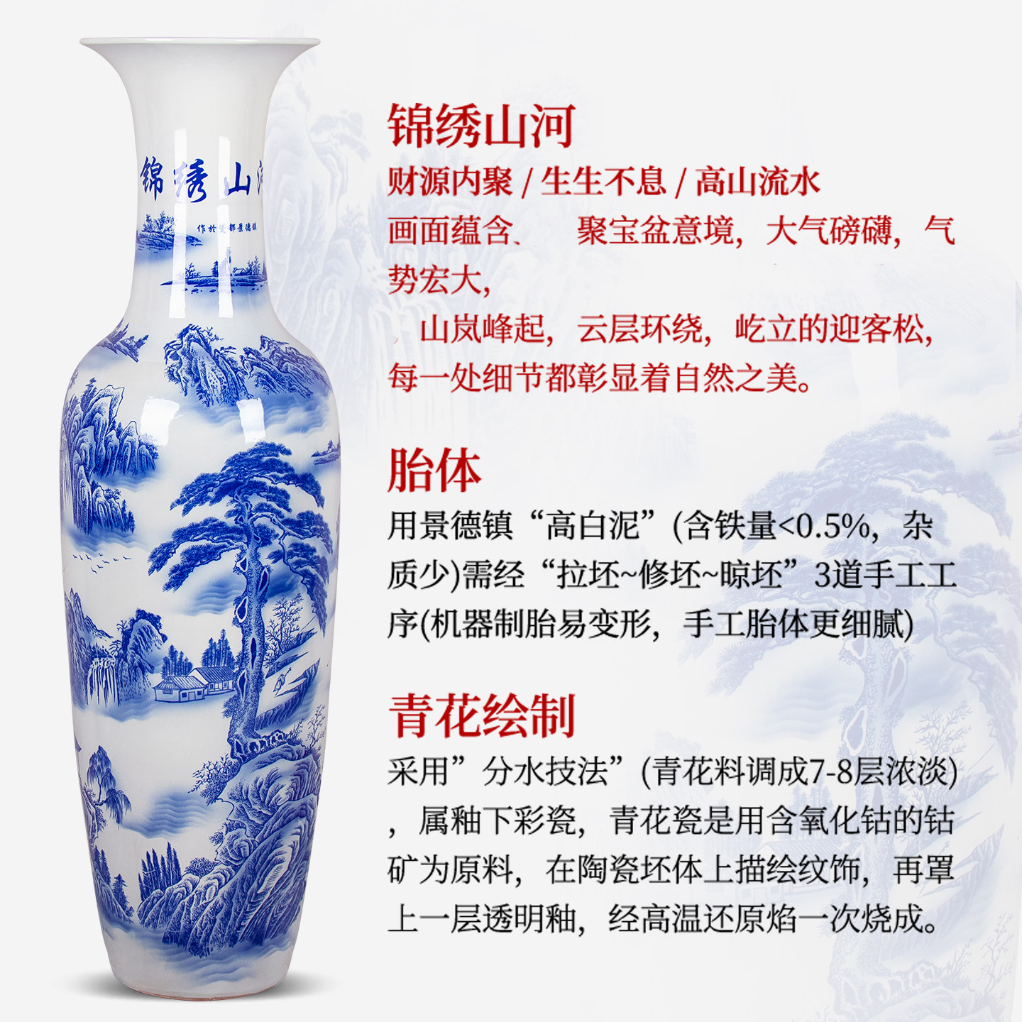 景德镇陶瓷落地大花瓶手工青花瓷摆件中式客厅装饰品酒店开业送礼,淘宝优惠券,粉丝福利购,淘宝优惠卷