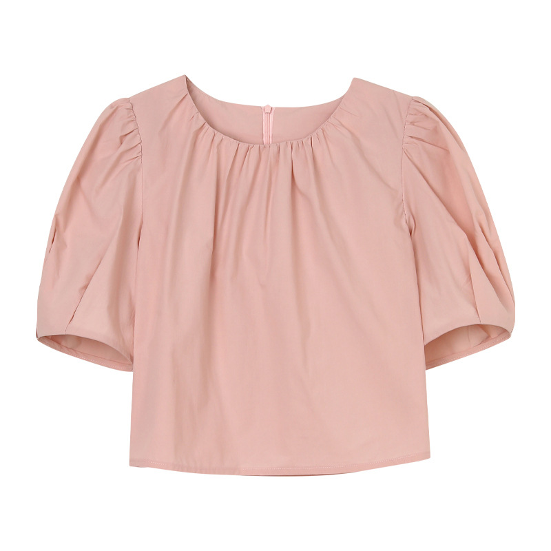 TG甜美减龄小众短款衬衫女2024夏季新款圆领褶皱泡泡短袖粉色上衣-图3