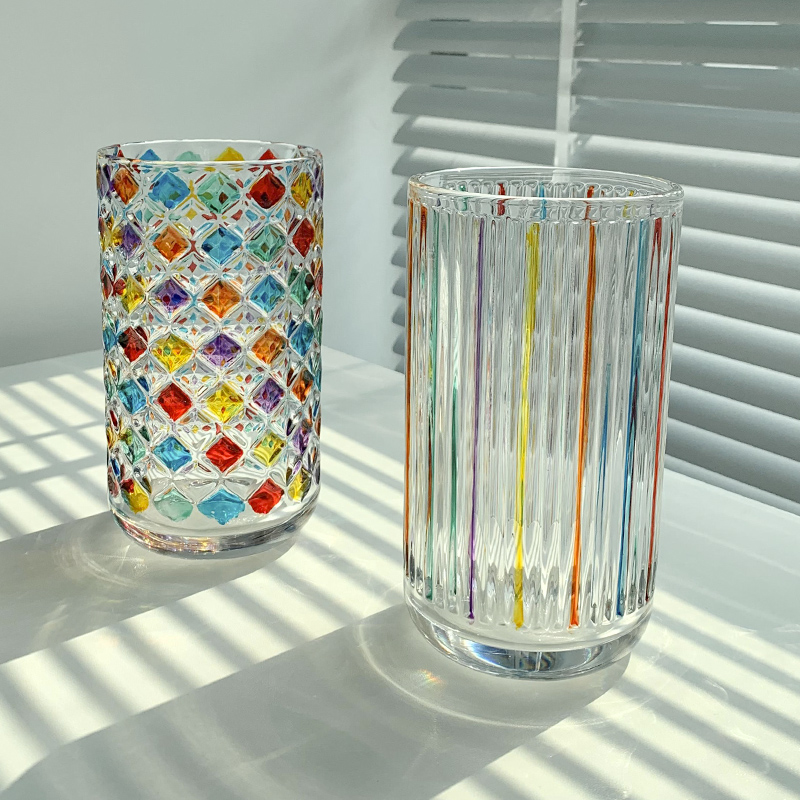 折射彩虹光中古杯 意大利 blingbling手绘方块格子编织玻璃水杯 - 图1