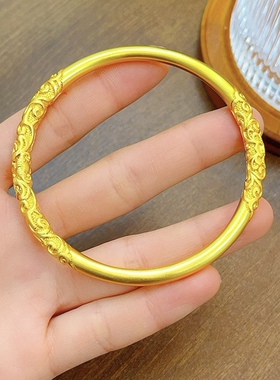 沙金古法传承素圈卷草纹实心手镯宫廷风紫荆雕花复古手链戒指套装