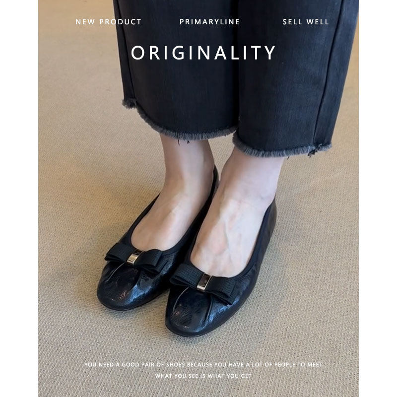 羊皮版~真皮复古平底奶奶鞋女2024新款黑色浅口通勤芭蕾单鞋皮鞋