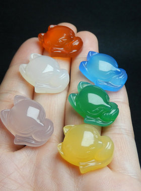 冰彩男女玛瑙玉髓多彩小狐狸吊坠