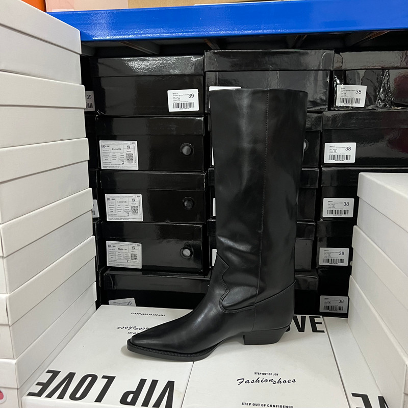 外贸出口西班牙黑色尖头长靴女冬季百搭套筒低跟直筒时尚复古,淘宝优惠券,粉丝福利购,淘宝优惠卷