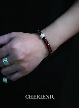 石榴石手工刻字纯银手链暗黑哥特手串小众