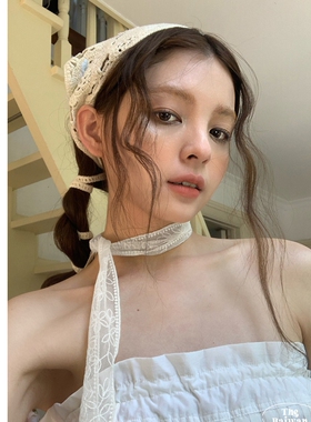 法式纯欲复古蕾丝飘带丝巾绑发