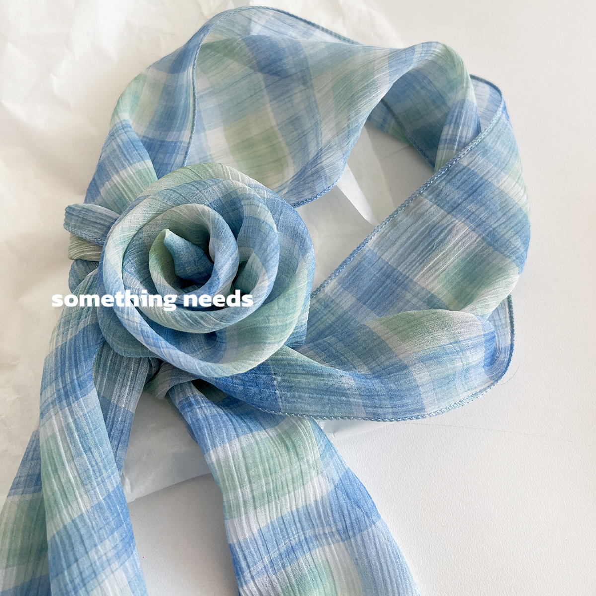 郑佰万 原创 含真丝时髦格纹丝巾女可拆卸小花围巾飘带配饰颈花韩 - 图3