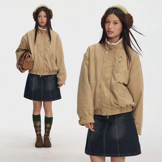 江南先生NewJNXS座山雕凹凸肌理感立领飞行夹克短款复古棉服外套